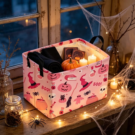Aurorax Pink Princess Halloween Totes for Storage,Halloween Boo Basket Reusable Candy Bag,Storage Basket for Home Decor Celebrate Halloween