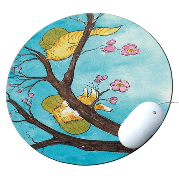 KuzmarK Round Mousepad / Hot Pad / Trivet - Ginger Tabby Tiger Kitty Fairies with Pink Dogwood Fantasy Cat Art by Denise Every