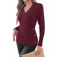 thumbnail image 3 of Women V Neck Long Sleeve Sweaters Criss -Wrap Ruched Pullover Fall Tops Wine Red XL, 3 of 8