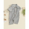thumbnail image 4 of Musuos Baby Boy Striped Jumpsuit 0-18M Double Pockets Lapel Neck Short Sleeve Front Single-breasted Hemming Legs Romper, 4 of 9