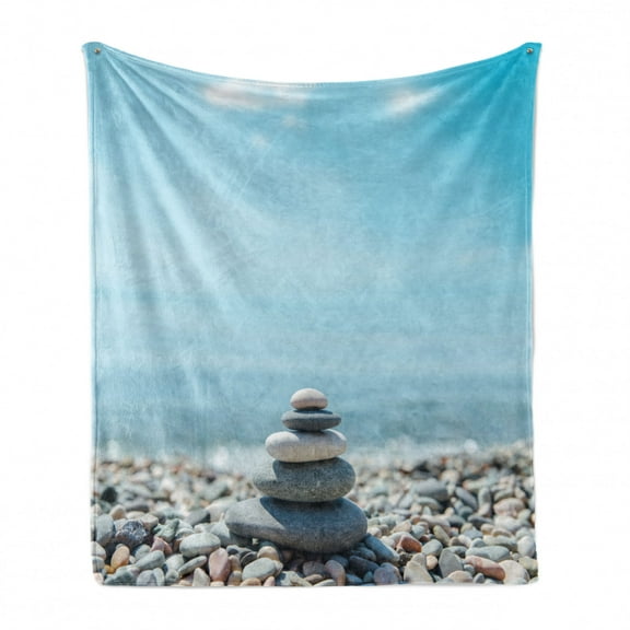 Rock Soft Flannel Fleece Throw Blanket, Hundreds of Pebbles by the Sea on the Beach 5 Stacked in a Group Blue Sky and Water, Cozy Plush for Indoor and Outdoor Use, 50" x 60", Multicolor, by Ambesonne