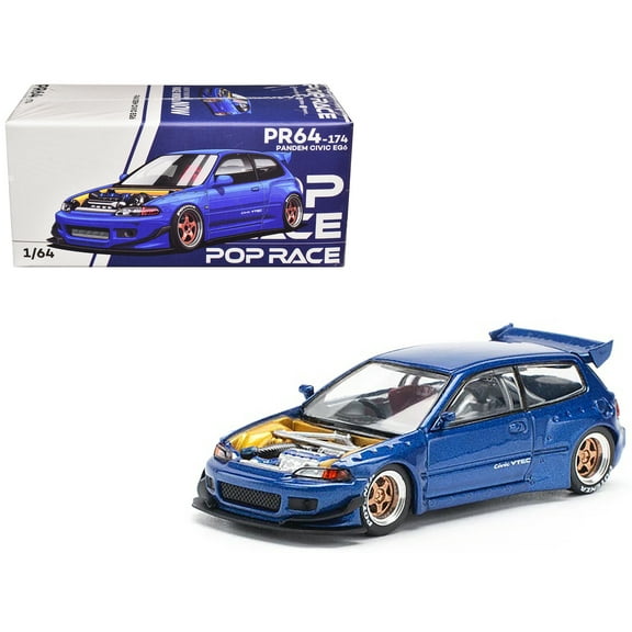 Pandem Civic EG6 VTEC RHD (Right Hand Drive) Blue Metallic with No Hood 1/64 Diecast Model Car by Pop Race