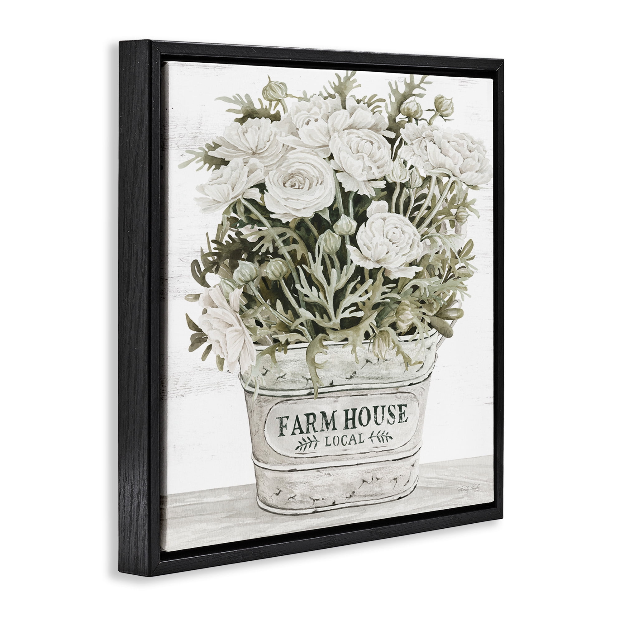 Stupell Industries Farmhouse Planter White Rose Blossoms Botanical & Floral Painting Black Floater Framed Canvas Art Print Wall Art, 18 x 18