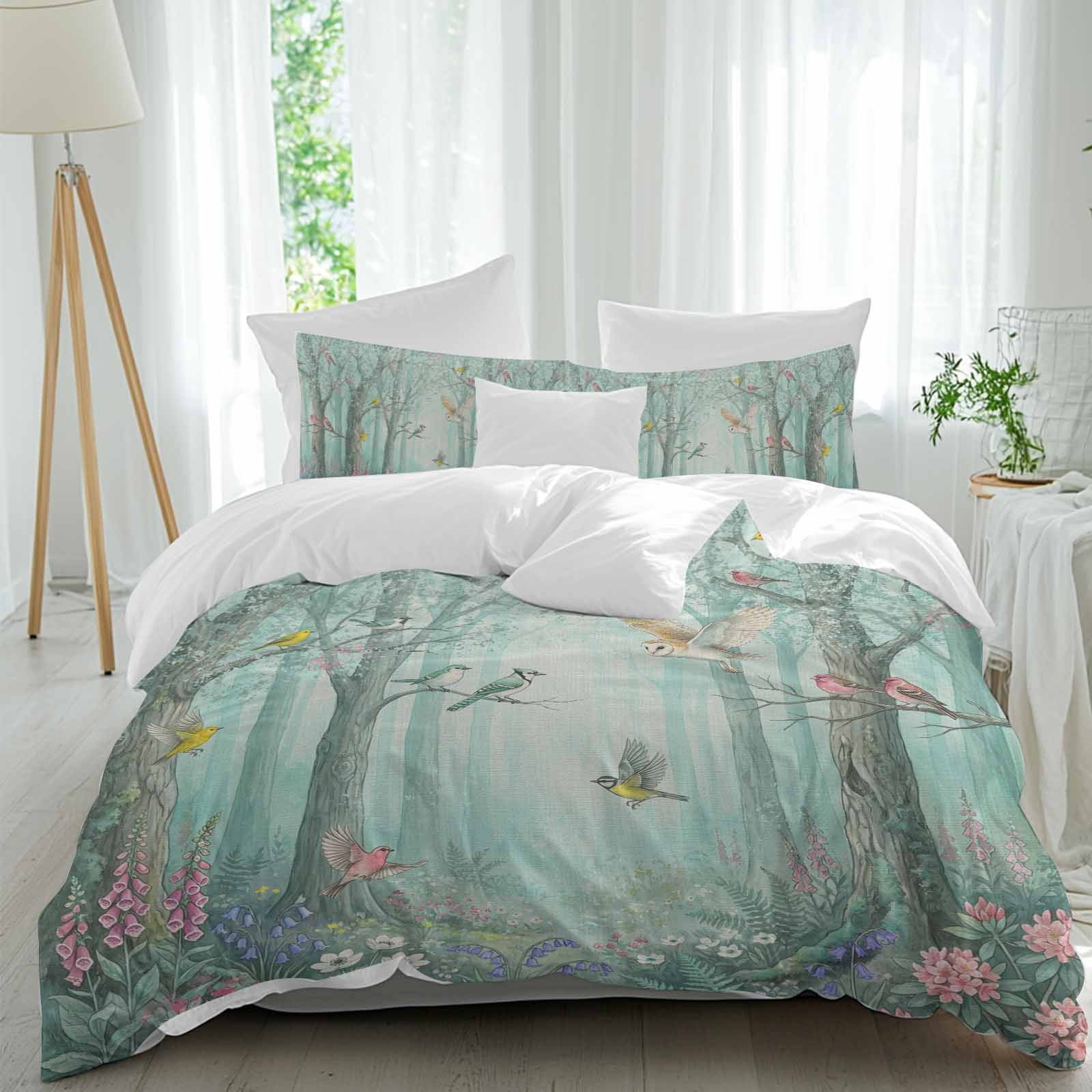 Watercolor Forest Birds Bedding 3 Piece Duvet Cover Set Full Size, Green Trees Seasonal Floral Soft Microfiber Comforter Cover with Zipper Closure & Pillowcases, Wrinkle & FadeResistant Quilt Cover