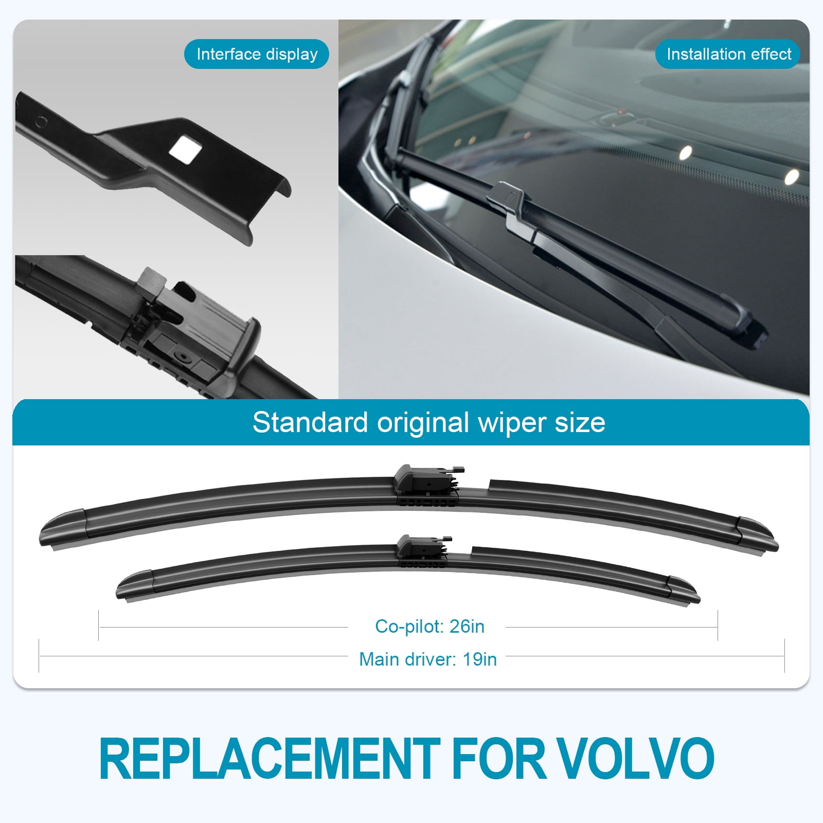 LADEWEU® 3 Wipers 26"+19"+14" Sprayer Wiper Blades Automotive Front Rear Windshield Wipers Replacement for Volvo XC60 2018 2019 2020 2021 2022,Not Heated Easy DIY Install (Set of 3)