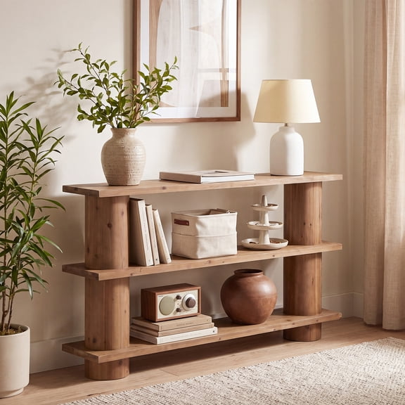 Finmind 63-Inch Solid Wood Console Table, 3-Tier Entryway Table with Storage Shelves, Long Narrow Sofa Table for Living Room, Hallway, Rustic Brown