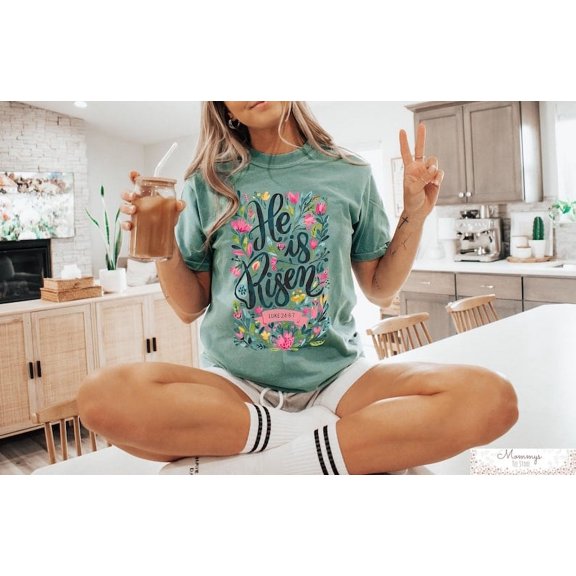 Comfort Colors He Is Risen Easter T-Shirt, Floral Christian Jesus Shirt for Women, Faith-Based Bible Verse Tee, Easter Gift for Her
