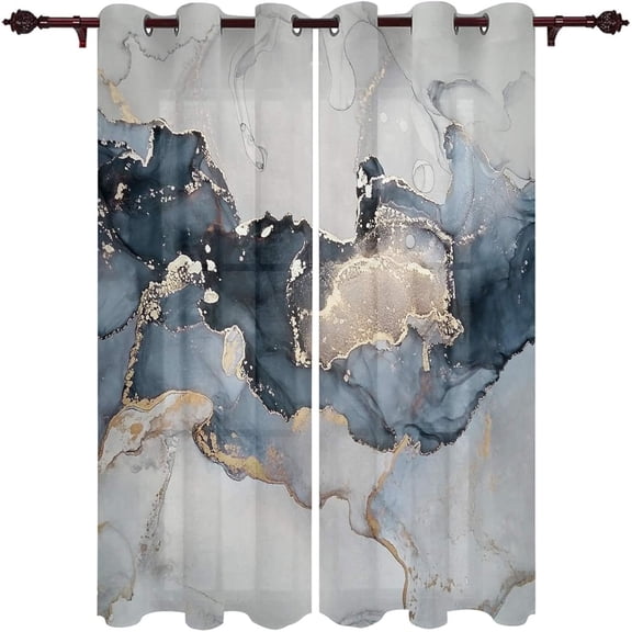 Abstract Ink Painting Grommet Thermal Insulated Window Curtain, Blue Gilded Bedroom Blackout Curtains Window Curtain For Nursery Elegant Home Decoration