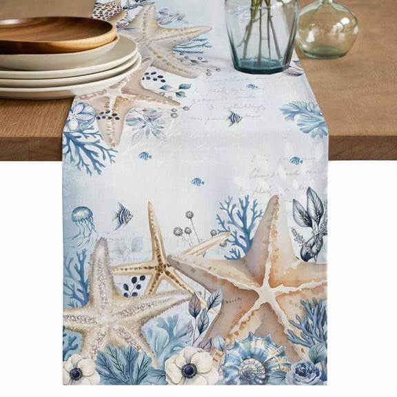 Blue Beige Coastal Table Runner, Beach Starfish Summer Eucalyptus Ombre Washable Cotton Linen Table Runners 70 Inches Long, Dresser Scarf Runner for Dining/Kitchen/Coffee/TV Stands/Cabinets 13''x70''