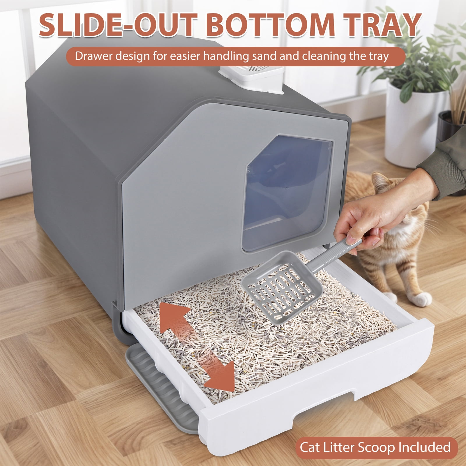 Enclosed Cat Litter Box with Litter Scoop and Slide-Out Tray Anti-Leakage Grey