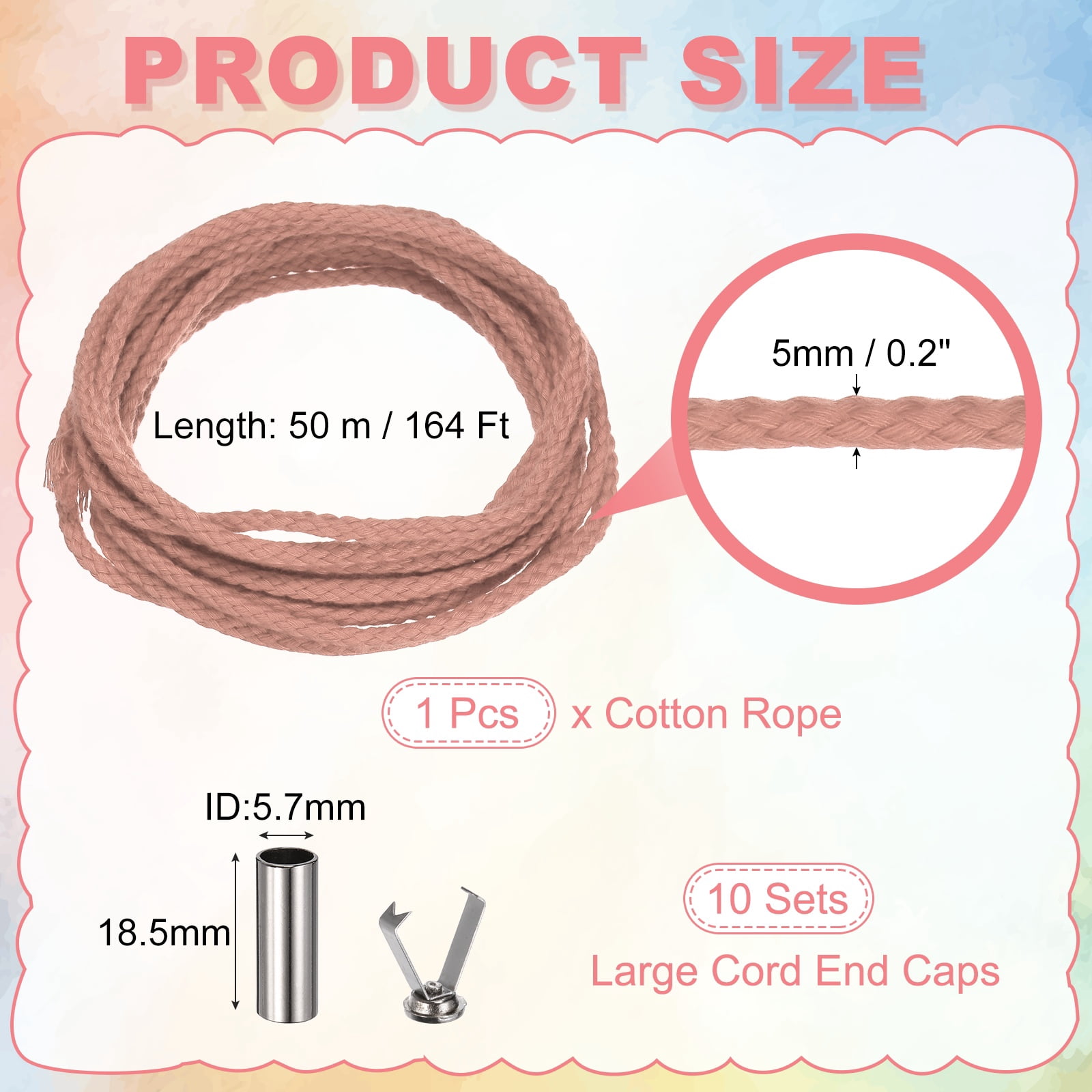Braided Macrame Cord, 3/16" x 164ft 8 Strand Cotton Rope Braided String with Cord End Caps for Drawstring, Plant Hanger Wall Hanging, Dream Catcher Crafts, Lotus Root Pink