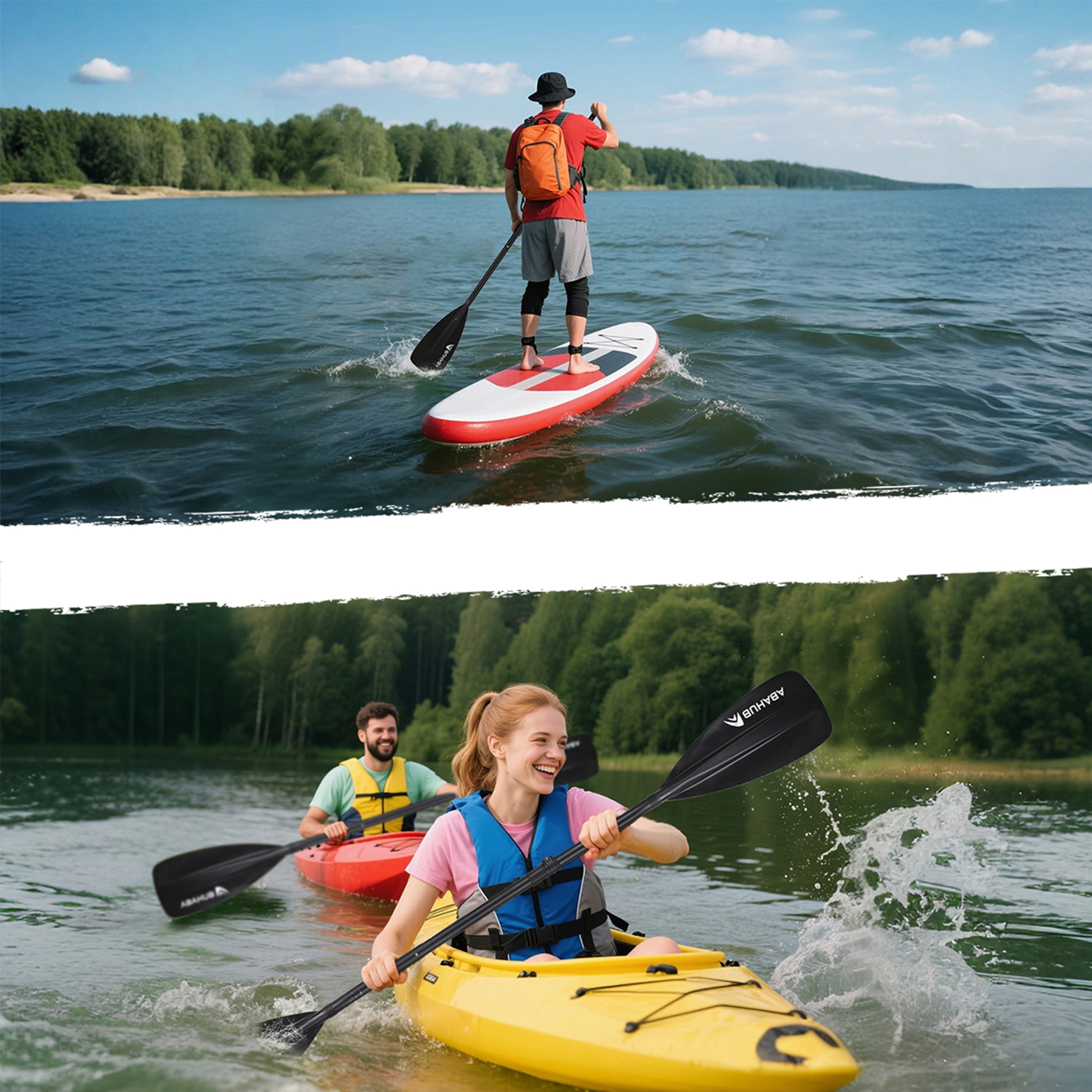 AbahubFit Paddle Oars for SUP and Kayak 2-IN-1, Adjustable Lightweight Paddle (4-Piece), Aluminum Shaft 68-84"(Black)