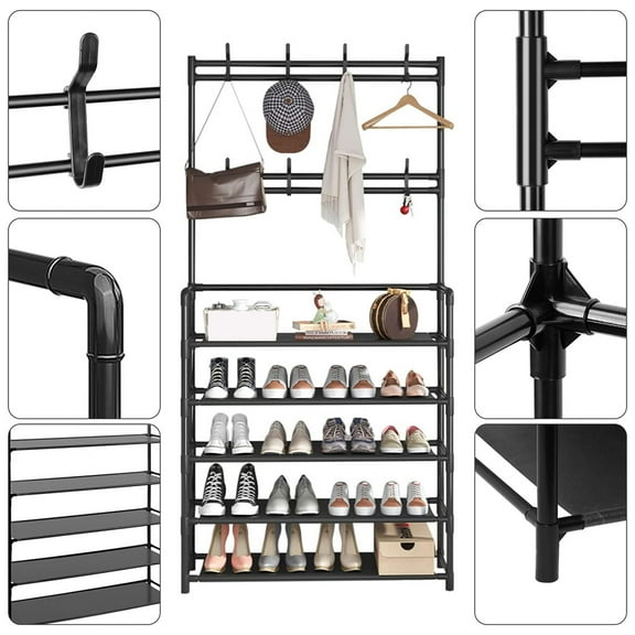 Shoe Rack with Coat Rack 5 Tier Shoe Stand Orqanizer for Bedroom Dorm Entryway Hallway, Black