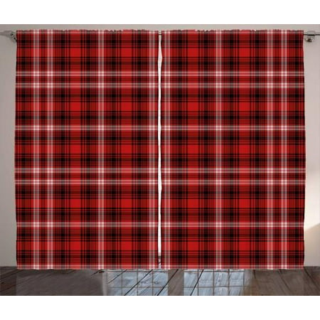 Red Plaid Curtains 2 Panels Set Quilt Squares Rectangles Flannel