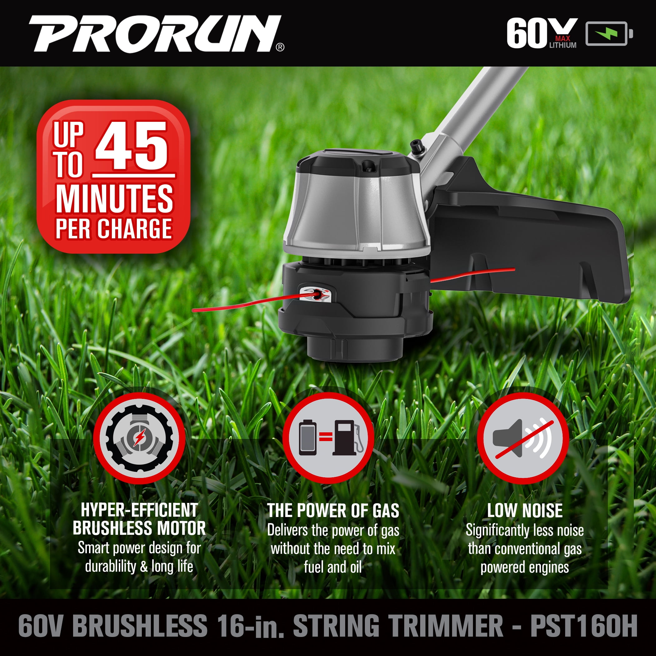 PRORUN 60V 16-in. Brushless Cordless String Trimmer with 2.5 Ah Battery and Charger