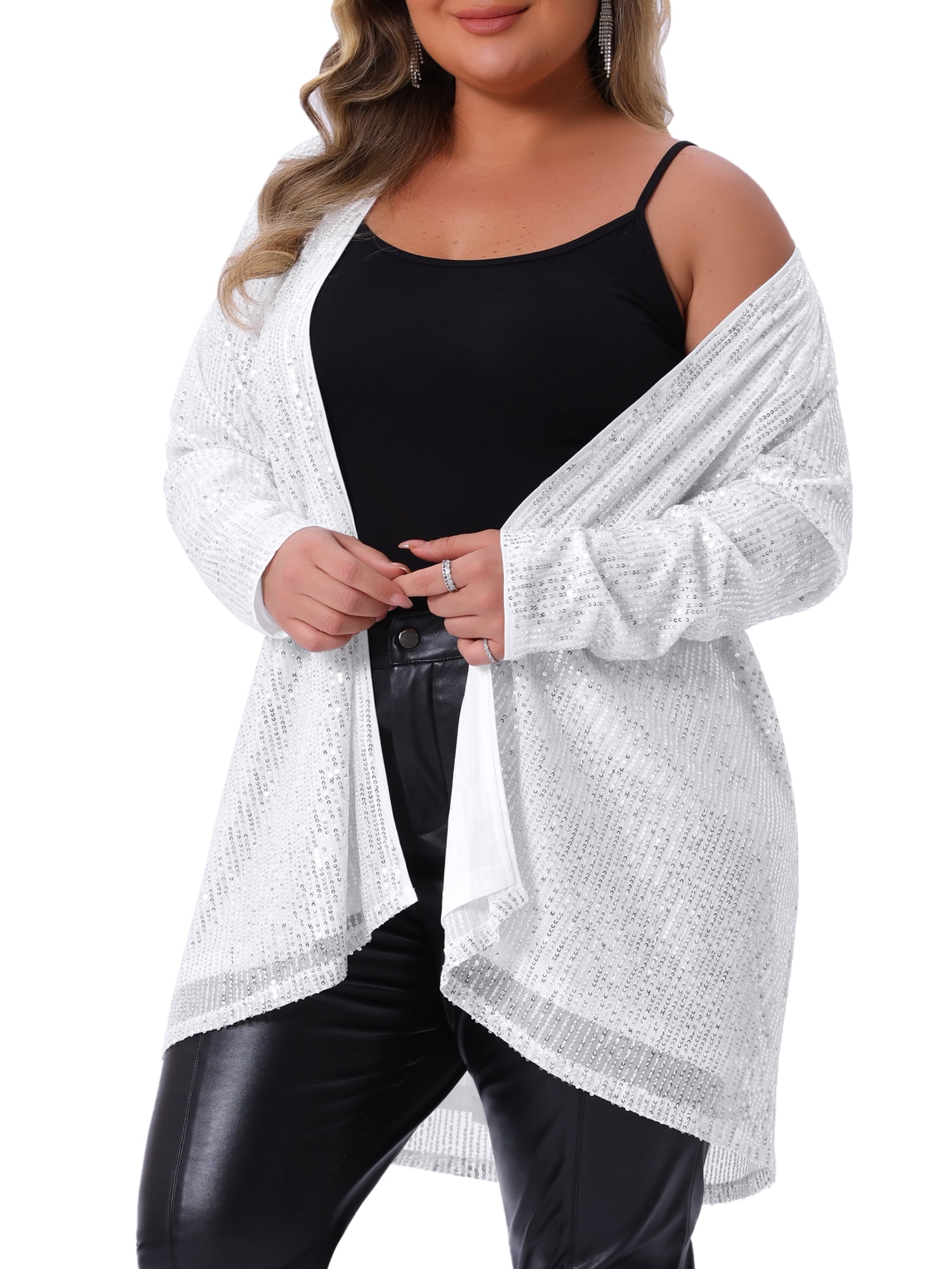 DARING DIVA Women's Plus Sequin Long Sleeve Open Front Outerwear Coat 2X Silver