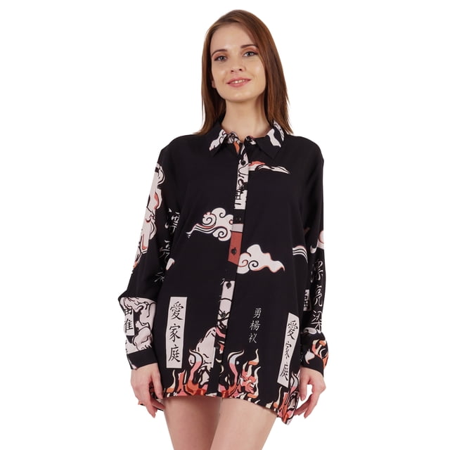 Inkmeso Printed Long Sleeve Oversized Shirt For WoMen's Loose Fit Button-Down Shirts Tunic
