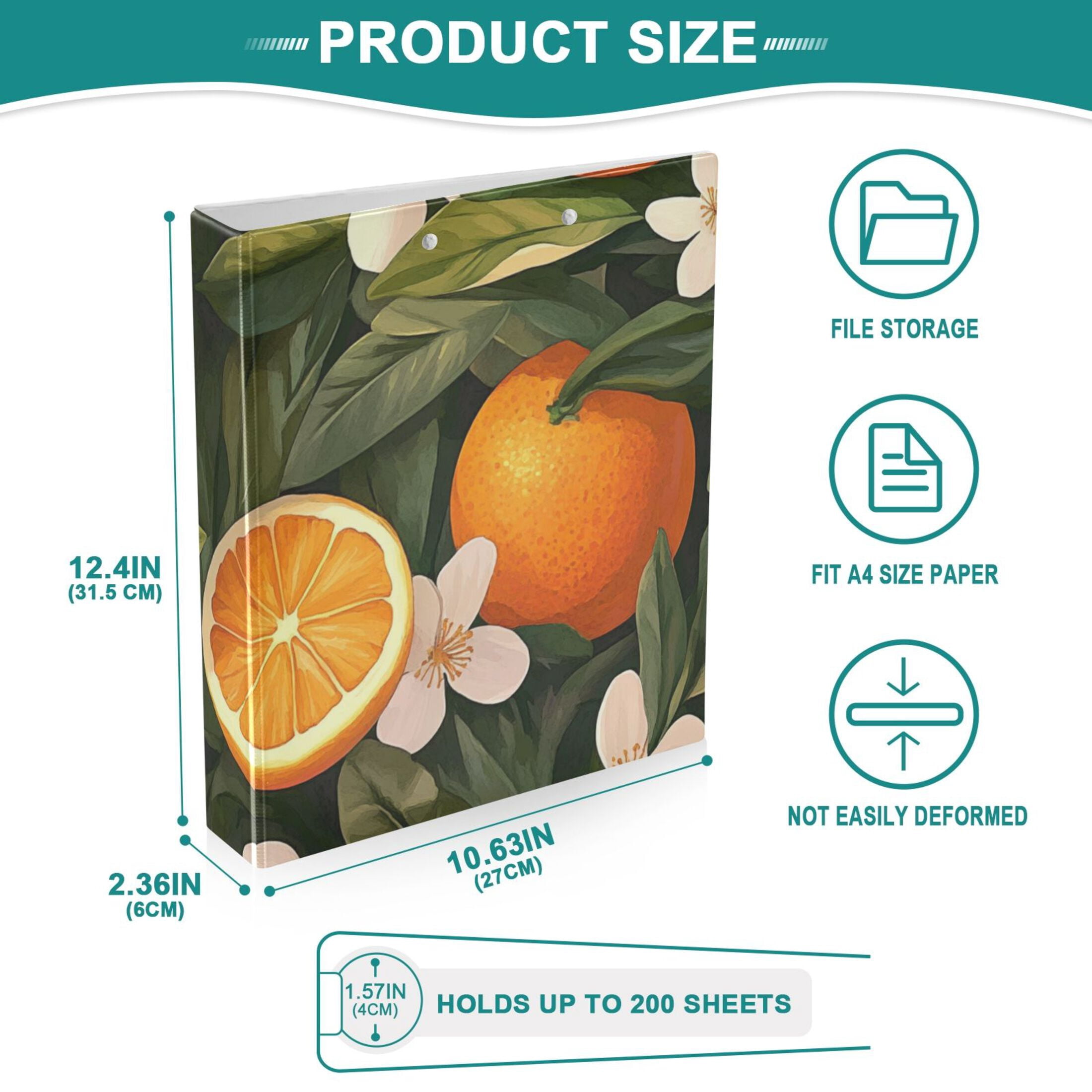 Orange Blossoms Leaves 3 Ring Binders 1.5 inch Hardcover File Folders with Interior Pockets A4 Size Organizer for School Office Hospital