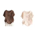 thumbnail image 1 of (2-Pack) Rinsvye Women's Solid Color Round Handstand Shirt Long Sleeve Neck Raglan Sleeve Hem Long Sleeve Shirts for Women Fall Slit Loose Short Sleeve Button Decoration Casual Tops T Shirt, 1 of 4