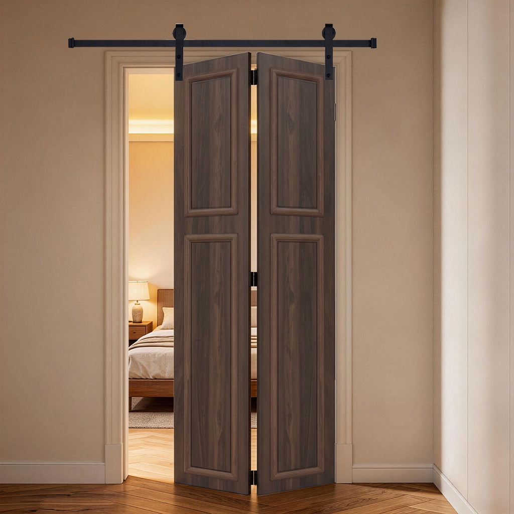 3/4 Inch Thickness 2-Panel Walnut Color Finished Mdf Bi-Fold Door With Barn Door Hardware, 18 Series 44in.x78 in.