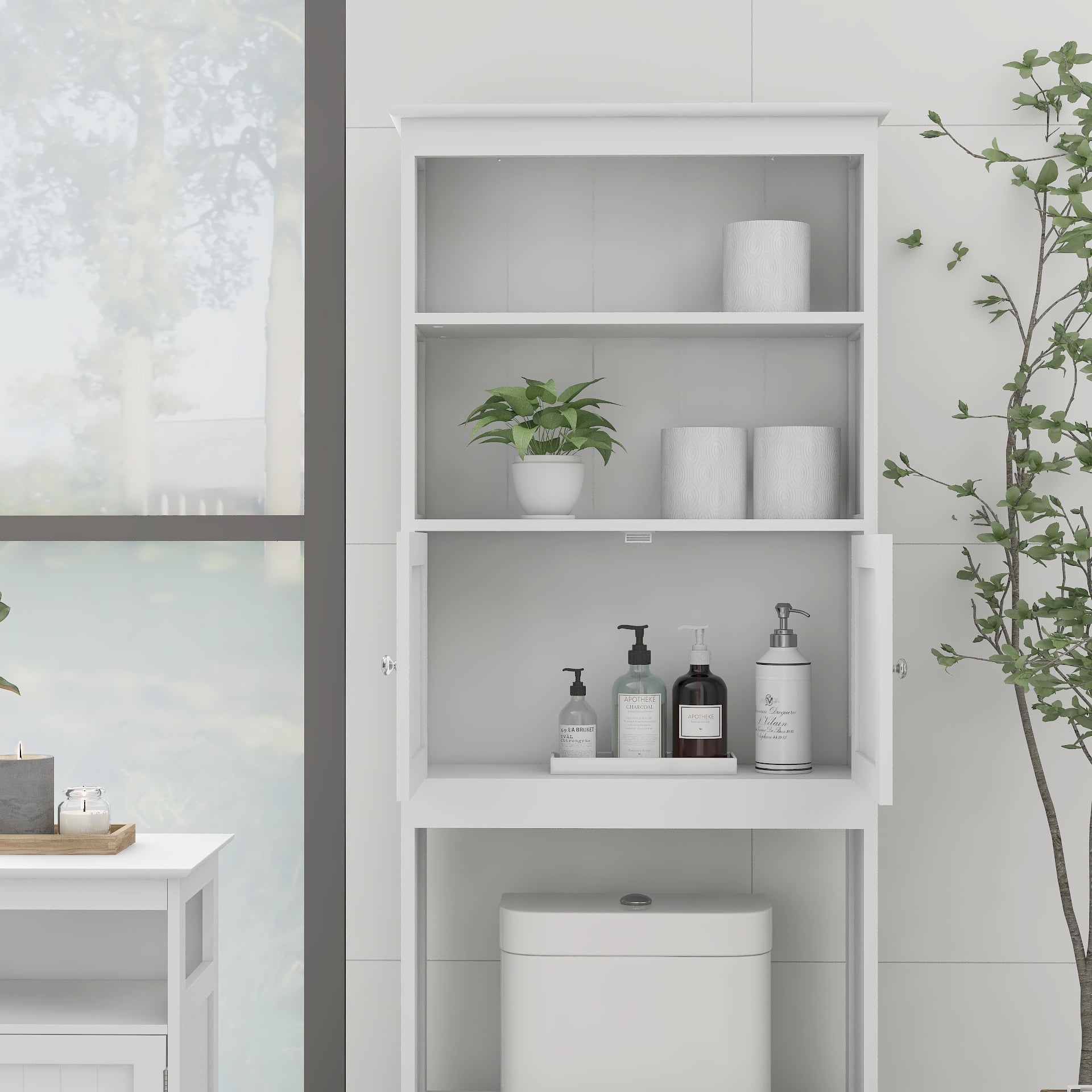 2 -Tier Toilet Bathroom Spacesaver Storage Shelf with 2 Doors, Over The Toilet Rack Wood Storage Organizer Cabinet for Bathroom Freestanding Shelf, White