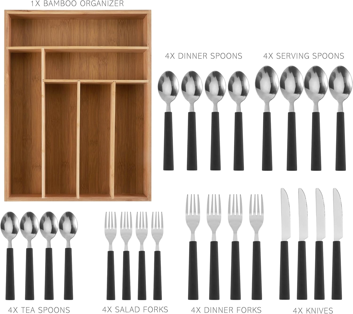 Bamboo Kitchen Utensil Set with Drawer Organizer | Cooking Tools and Storage Caddy, Black, 25 Piece Cutlery Set
