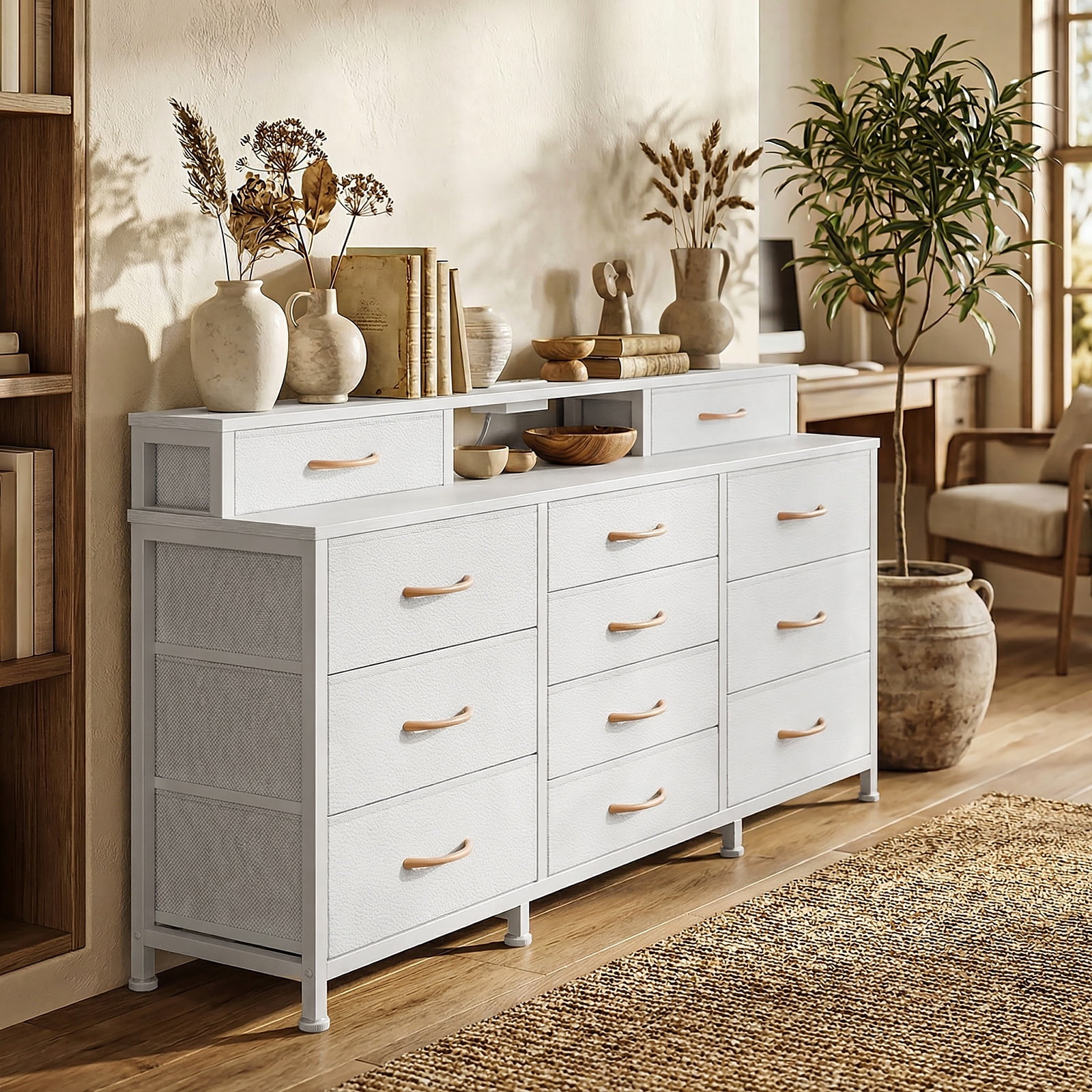 Tydimor Modern Dressers for Bedroom, Wide Chest with 12 Fabric Drawers for Living Room, White