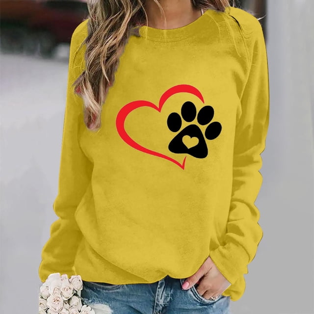 ICHUANYI Clearance Women's Round Neck Top Casual Fashion, Personalized Printing Loose Fitting, Slimming Long Sleeves(Yellow, S) ICHUANYI WER2023081511603