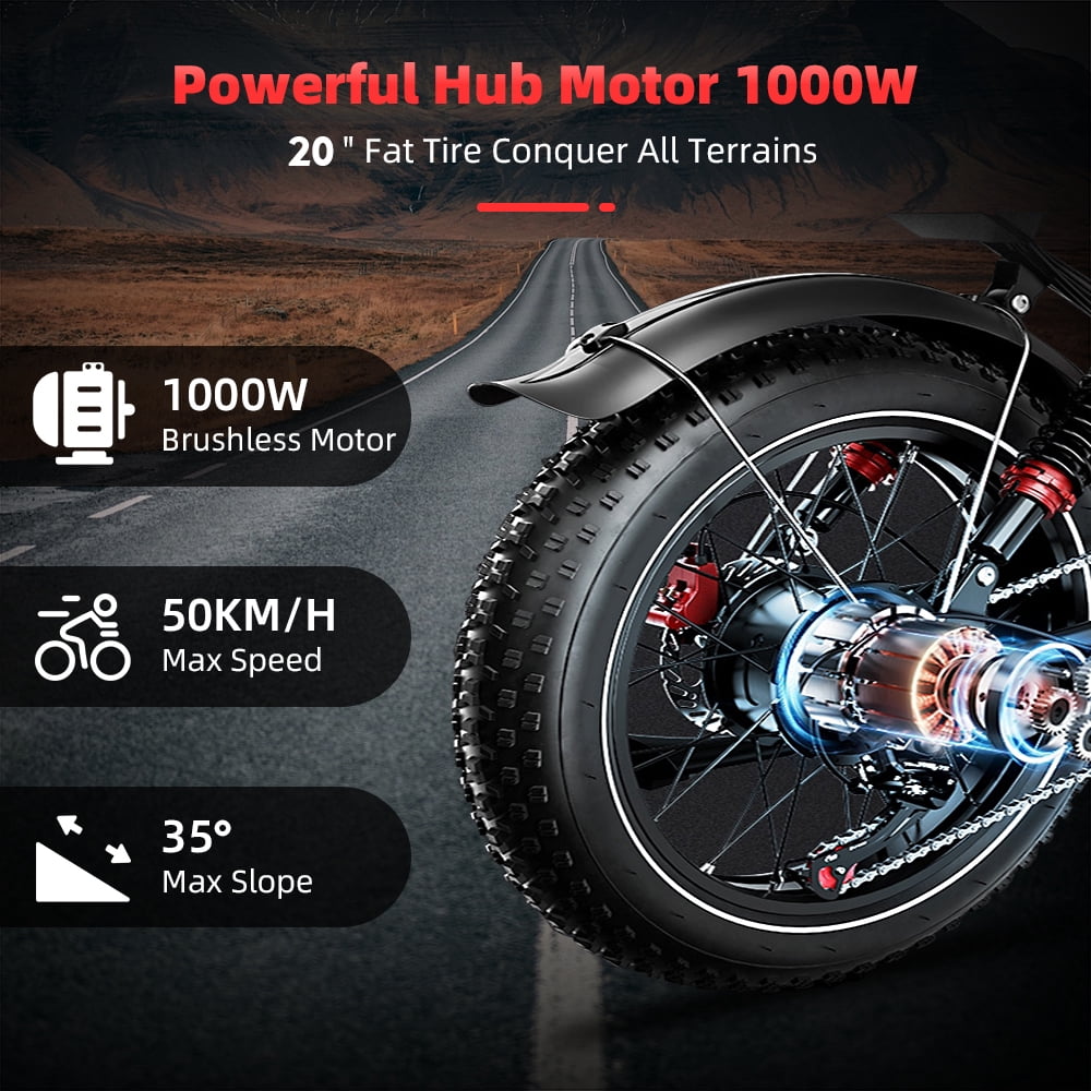 High performance 1000W off-road electric bike - 20-inch off-road tires, 50km range, front-wheel drive, hydraulic disc brakes, load capacity 330LB