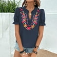thumbnail image 2 of Bixock Women Lightweight Casual Tops,Blouse for Women,Embroidered Linen V Neck Slit Hem Button Front Top, 2 of 4