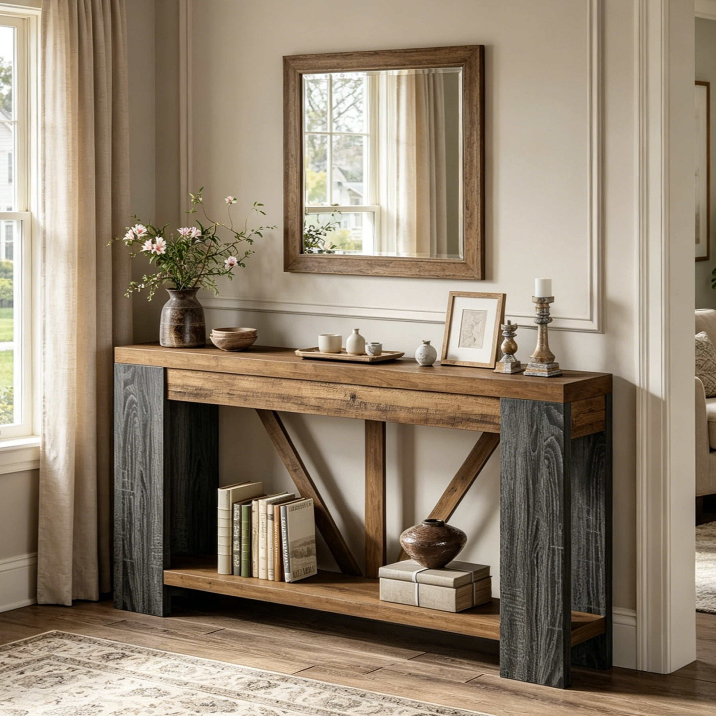 Fnova 70.9" Console Table, 2-Tier Farmhouse Entryway Table, Narrow Long Wood Sofa Table Behind Couch with V-Shaped Support for Living Room, Hallway, Foyer