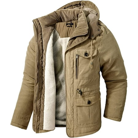 Men's Multi Pocket Hooded Jacket Windproof Sherpa Lined Fleece ...