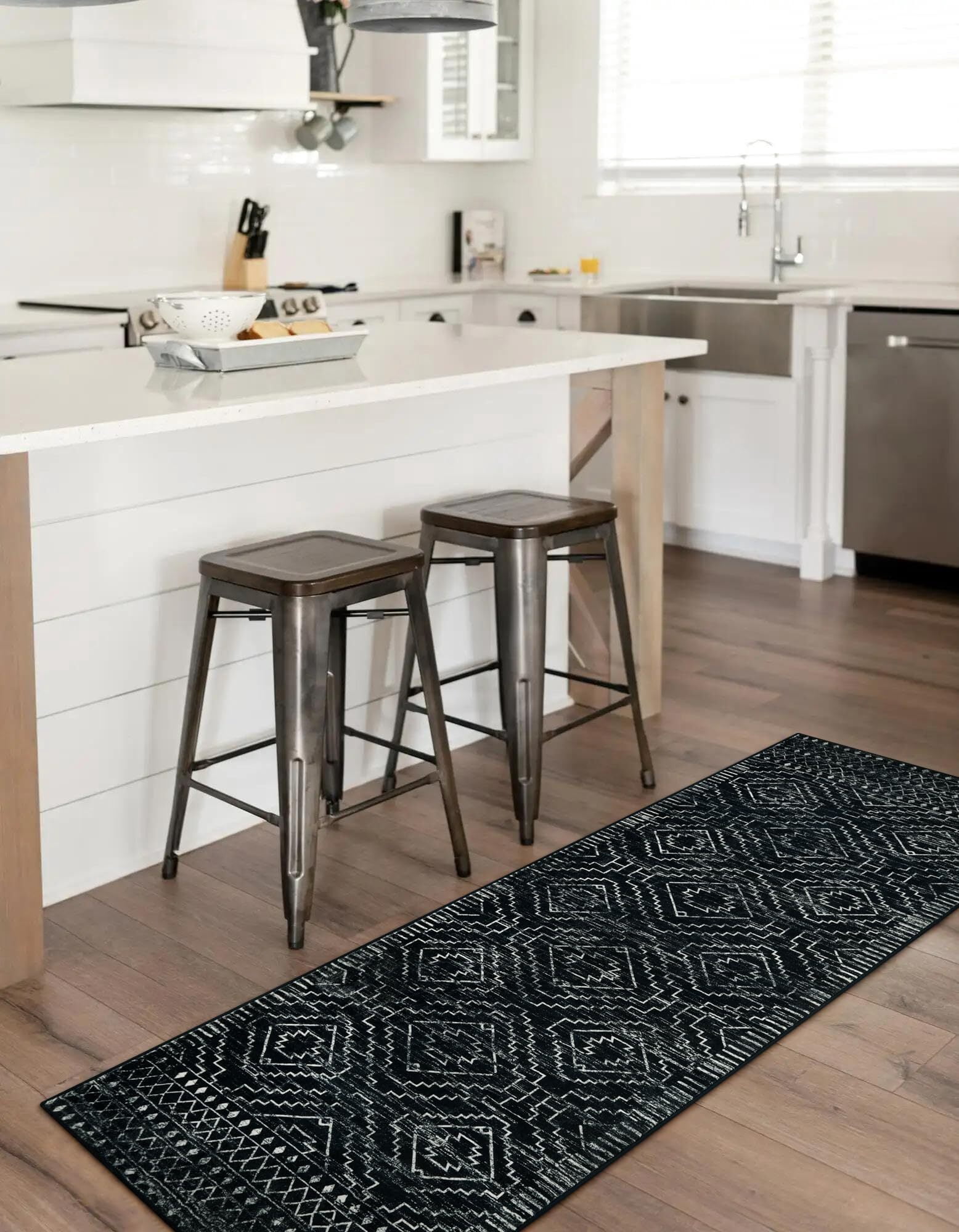 Lahome 2'x6' Moroccan Runner Rug, Washable Kitchen Bathroom Rug, Non-Slip Geometric Carpet for Hallway Laundry Entryway, Black Boho Soft Floor Mat with Rubber Backing