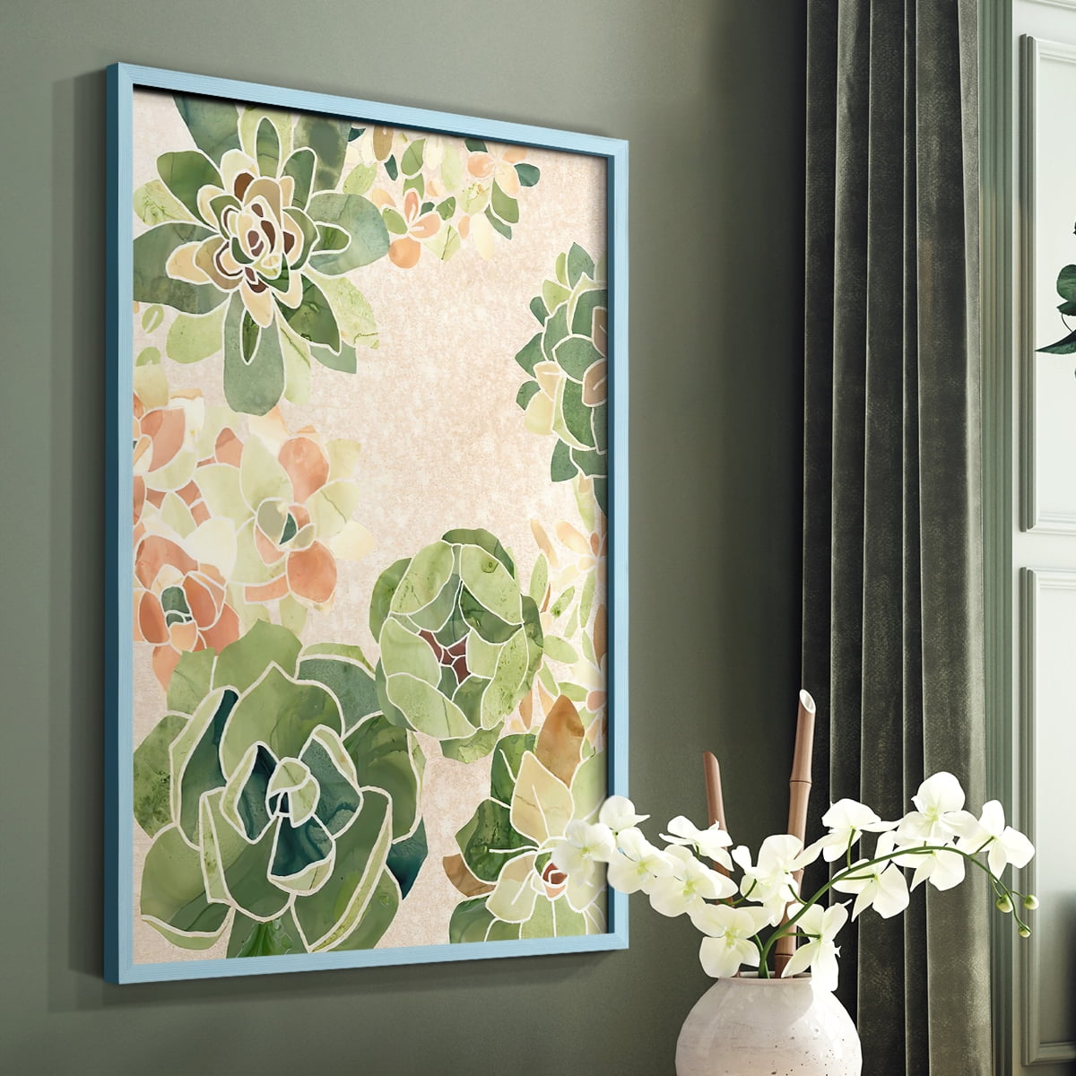 Stained Glass Succulents I Framed Print in Blue Solid Wood Framed Print No Nail Hanging