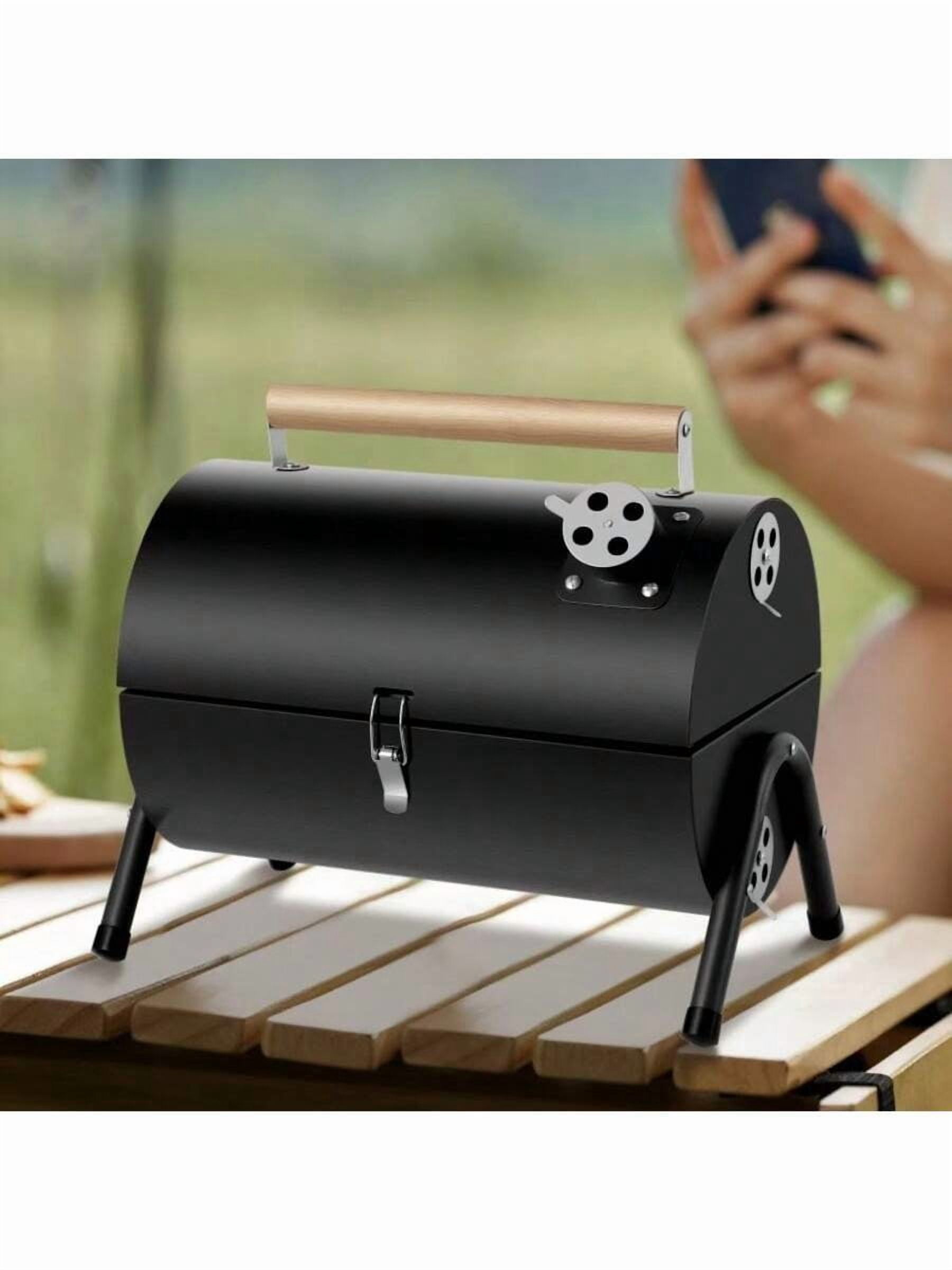 Compact Portable Charcoal Grill Barrel - Double Sided Collapsible Design, Great For Outdoor Cooking And Camping, Black Stainless Steel Smoker With Wooden Handle, Great For Grilling Shrimp
