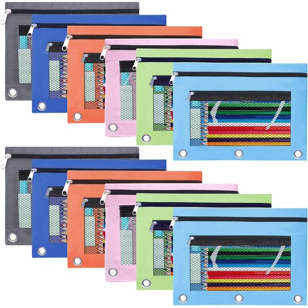 Estuche para lápices para carpeta de 3 anillas, paquete de 2 estuches con cremallera de doble capa, portalápices de malla transparente, organizador de papelería, estuche para útiles escolares y de