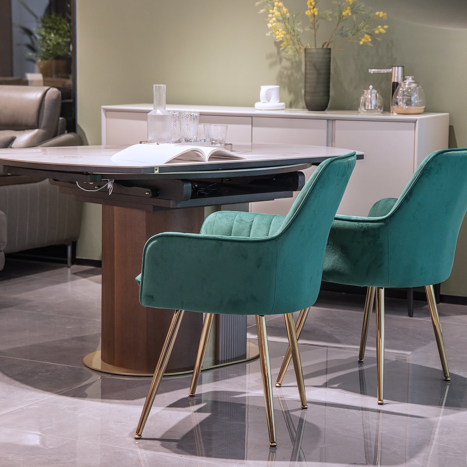 JW Home Furniture Velvet Dining Chairs Set of 2 - Mid-Back Gold Legs - Green Upholstered Accent Chairs for Kitchen & Dining Room