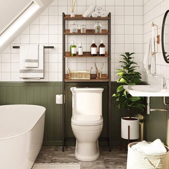 Over The Toilet Storage Rack, 4 Tier Bathroom Organizer Over Toilet, Freestanding Space Saver Toilet Stand with 2 Hooks, Bathroom Storage Shelf, Easy to Assemble, Rustic Brown