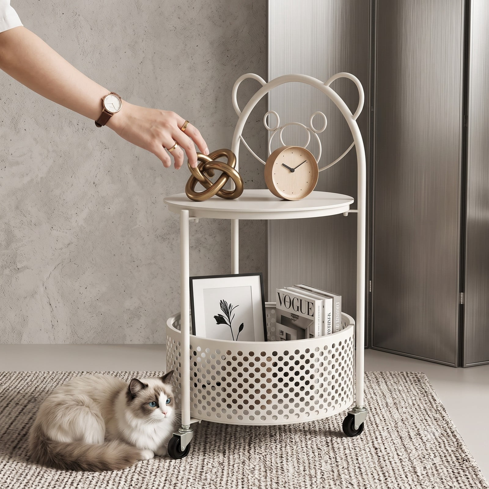 Furnibear Modern Sofa Side Table with Lockable Wheels, Round Tempered Glass End Table with Metal Storage Basket for Living Room Bedroom Study, Rolling C-Shaped, White