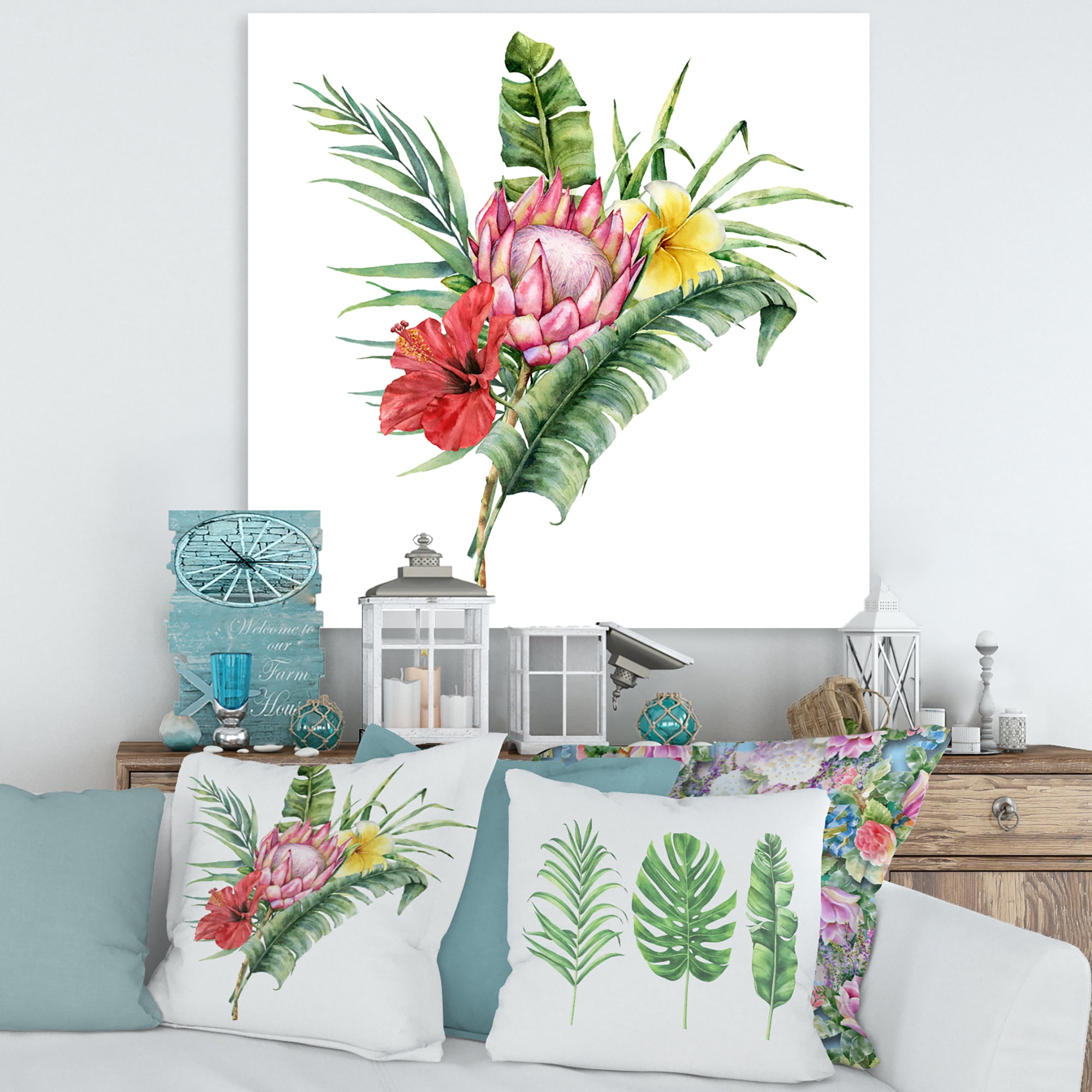 Designart ' Flowers Bouquet With Protea Plumeria Hibiscus ' Traditional Canvas Wall Art Print
