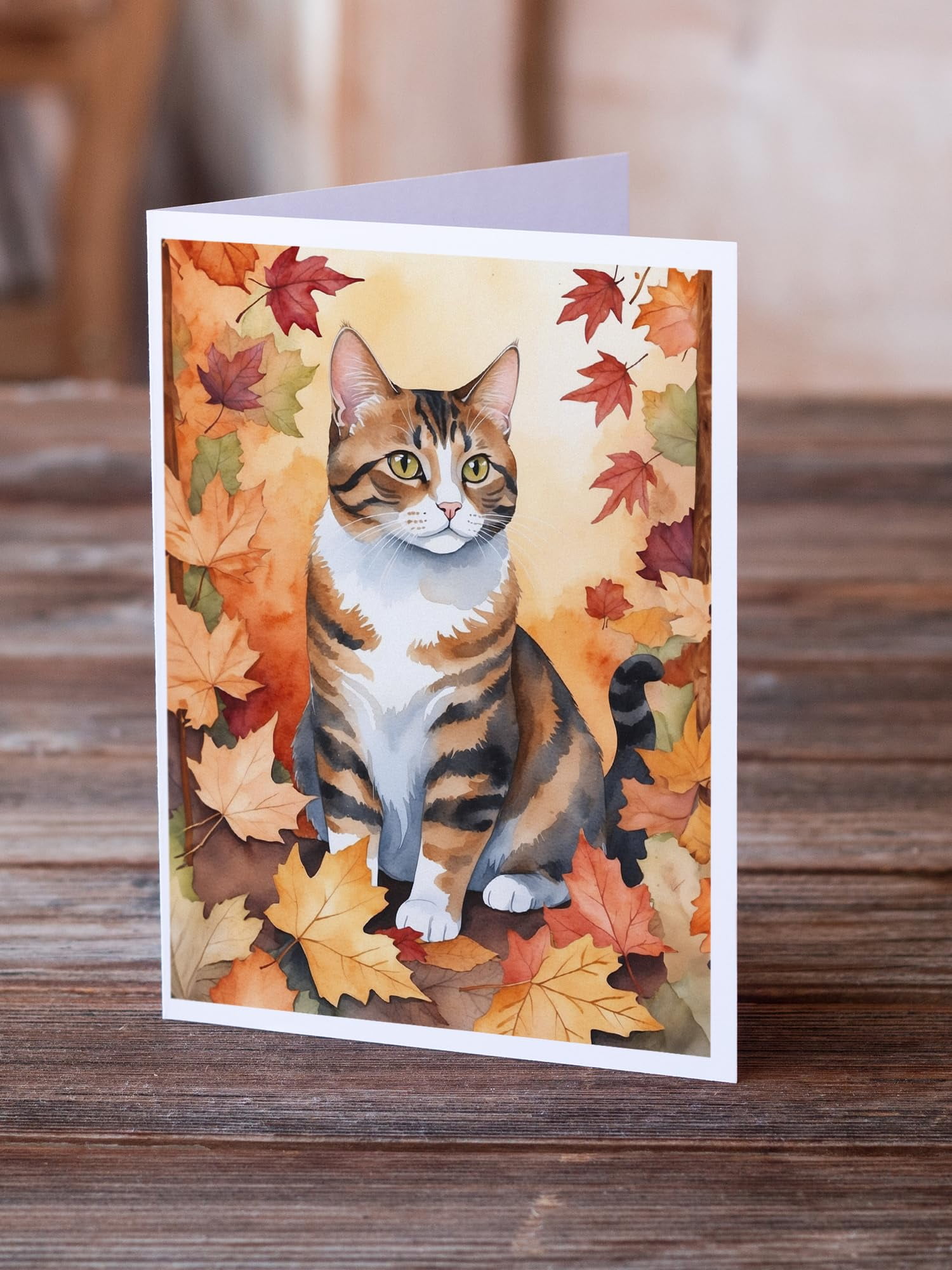 Carolines Treasures DAC7105GCA7P 5 x 7 in. American Polydactyl Cat in Fall Leaves Greeting Cards - Pack of 8