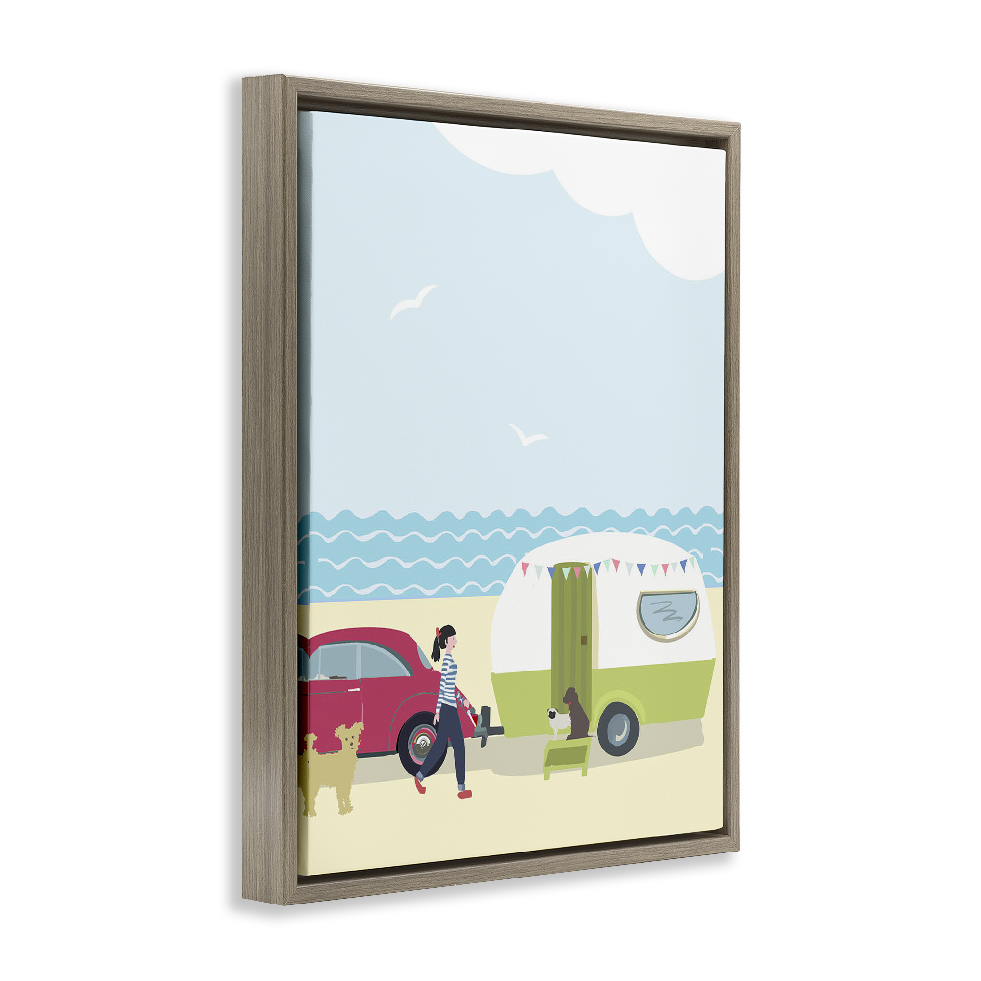 Stupell Industries Beach Day with Dogs Nautical & Beach Painting Brown Floater Framed Canvas Art Print Wall Art, 17 x 21