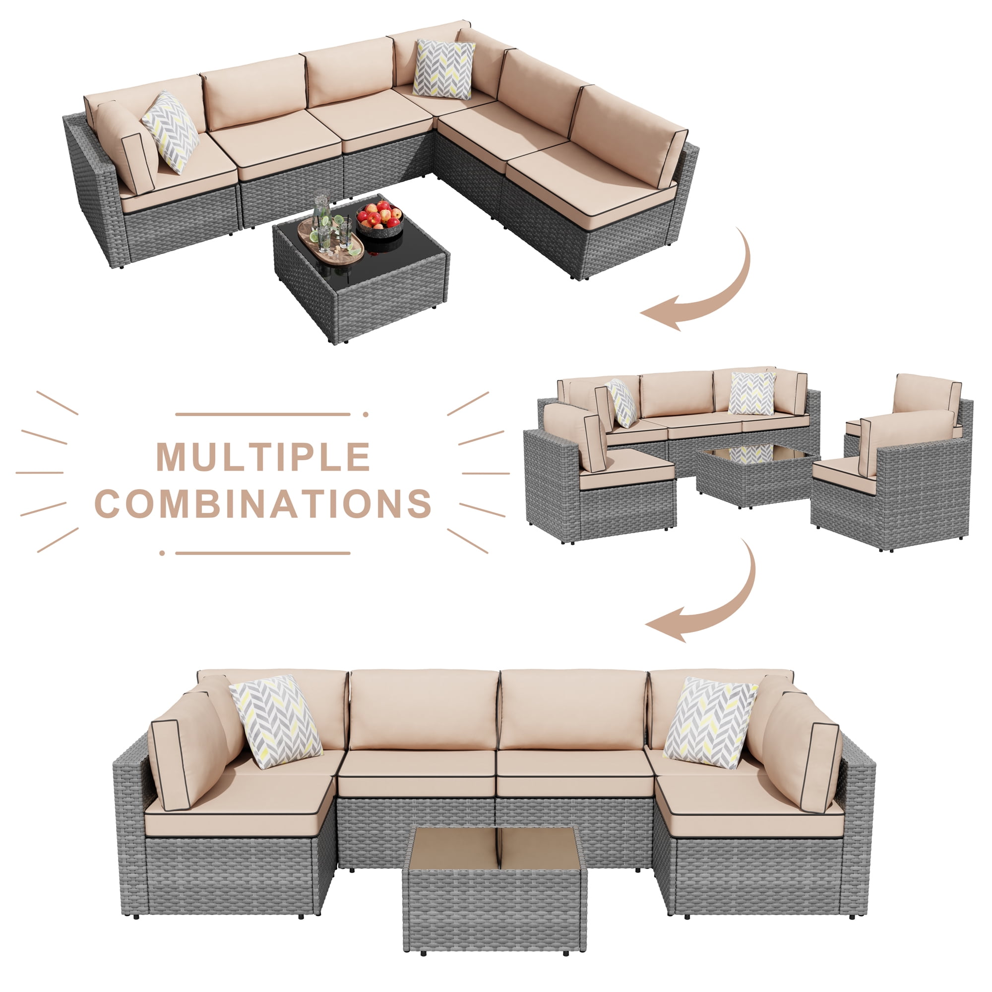 Walsunny 7 Pieces Patio Conversation Set, All-Weather Silver Rattan Wicker Patio Furniture Sets with 6 Chairs and 1 Coffee Table, Washable Couch Cushions,Khaki