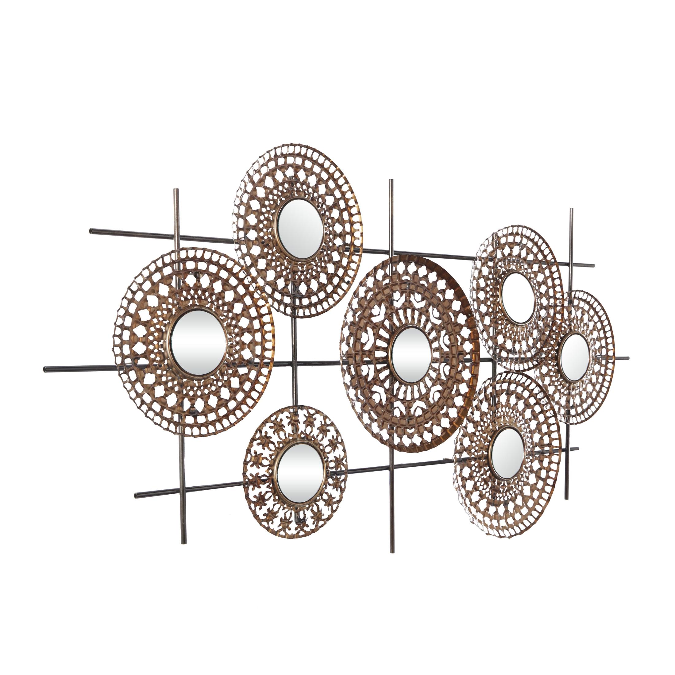 DecMode Bronze Metal Cutout Plate Wall Decor with Round Mirrored Accents and Black Rods