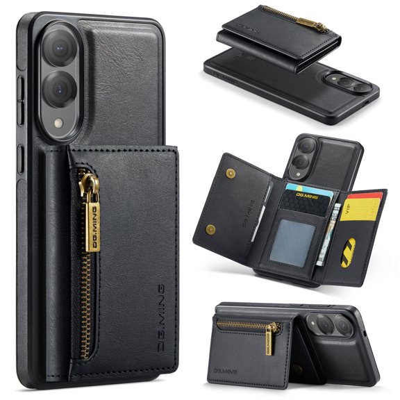 Dteck 2 in 1 Detachable Wallet Case for Samsung Galaxy S25 Edge Magnetic Leather Zipper Wallet with Card Holder RFID Blocking Case Shockproof Kickstand Cover,Black