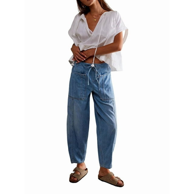 Pantalones Vaqueros Holgados de Tiro Bajo para Mujer, Informales, con Cintura Elástica y Bolsillos. Azul XXXL