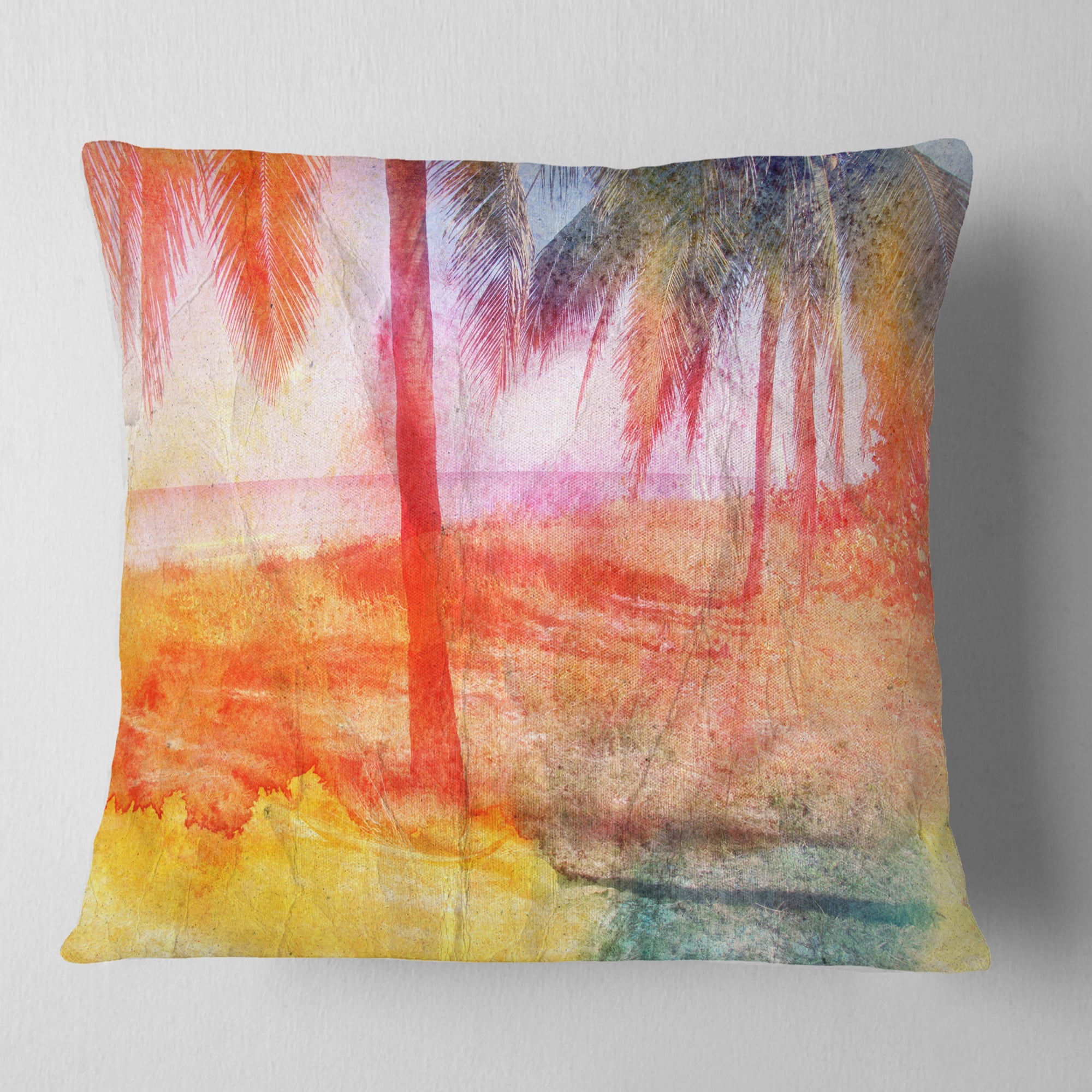 Designart Red Retro Palm Trees - Landscape Painting Throw Pillow - 16x16