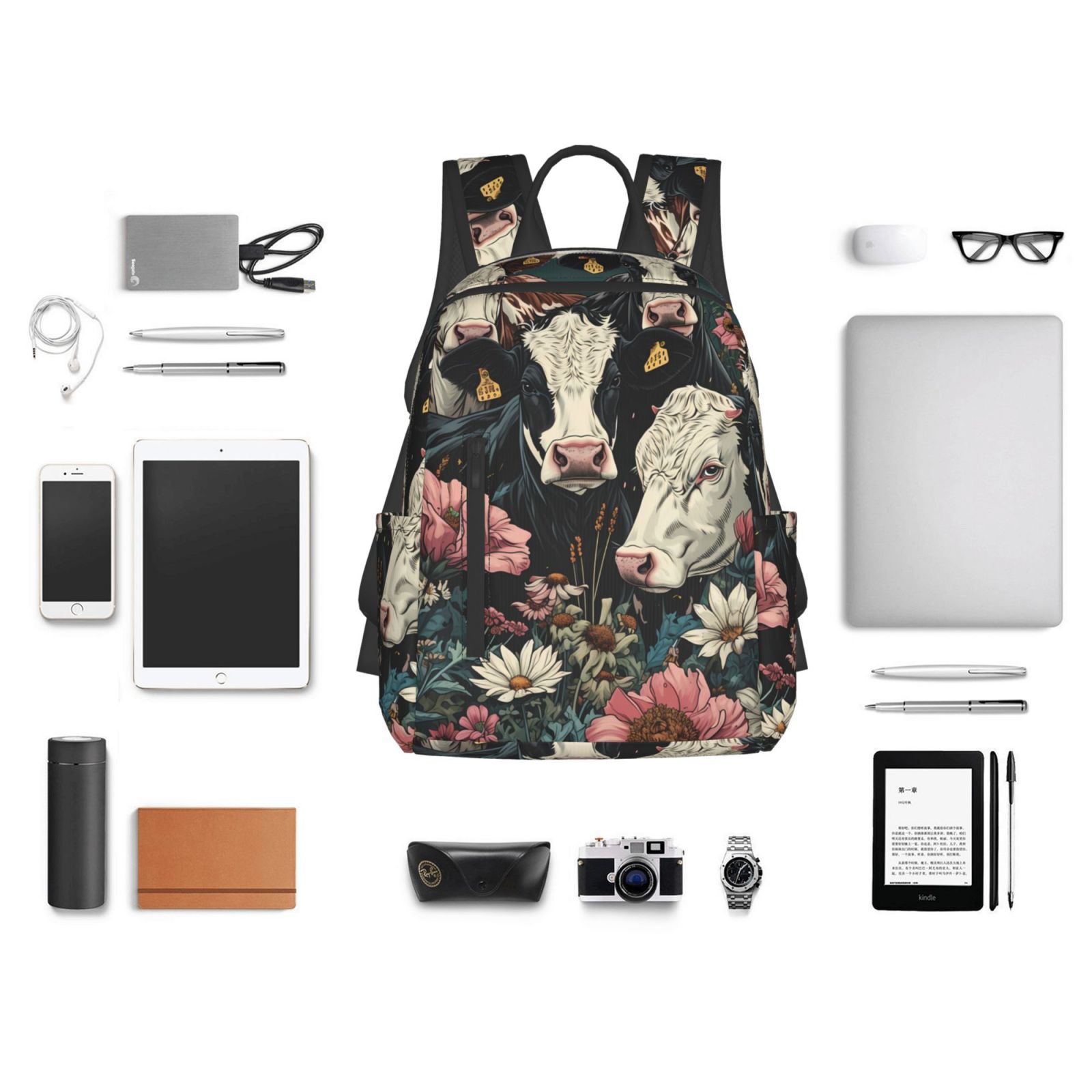 Xecao Vintage Sunflower Cow print Backpack For women men Aesthetic Lightweight Travel Daypack Simple Cute Backpack For Bookbag