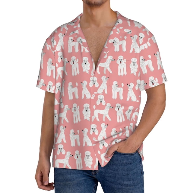 Fotbe Cute Poodle Dog Camisa Estampada de Manga Corta para Hombre, Casual de Verano, Estilo Playero, Sin Arrugas-Large