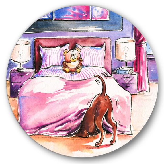 Designart 'Brown Dog Looking Under the Bed and Teddy Bear' Farmhouse Circle Metal Wall Art 36x36 - Disc of 36